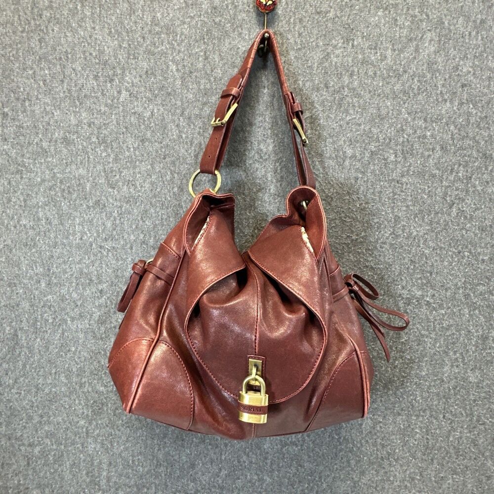 Sorial Burgundy Smooth Leather Brass Hardware Lock Top Handle Shoulder Handbag